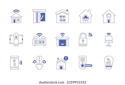 Smart house icon set. Duotone style line stroke and bold. Vector illustration. Containing smart home, lock, light, house, curtain, home control, smart clock, home automation, smart.