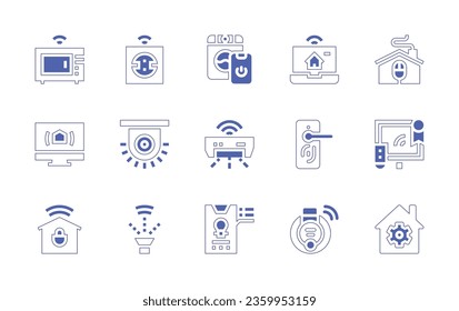 Smart house icon set. Duotone style line stroke and bold. Vector illustration. Containing pc, alarm, smartphone, sprinkler, lock, television, air conditioner, automated, setting, lights, microwave.