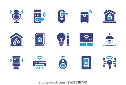 Smart house icon set. Duotone color. Vector illustration. Containing lock, smart trash, light, smart tv, home security, microphone, door lock, water system, screen, light, smart switch.