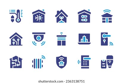 Smart house icon set. Duotone color. Vector illustration. Containing home automation, home, eco house, air conditioner, smart home, cctv, smart house, heater, city, key, blind.
