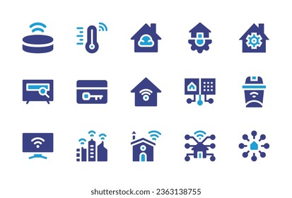 Smart house icon set. Duotone color. Vector illustration. Containing smart house, speaker, temperature, tv, key card, home automation, cloud, trash, password, city, smart home. 