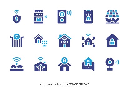 Smart house icon set. Duotone color. Vector illustration. Containing loud speaker, alarm, smart, smart house, solar panel, home, shield, stove, curtain, solar cell, webcam. 