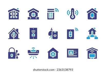 Smart house icon set. Duotone color. Vector illustration. Containing smart home, smart house, window, temperature, bell, lighting, switch, settings, video, microphone, smart lock, smartphone.