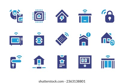 Smart house icon set. Duotone color. Vector illustration. Containing smart garage, smart lock, house, home, control remote, vacuum cleaner, chip, microwave oven, socket, temperature, curtains.