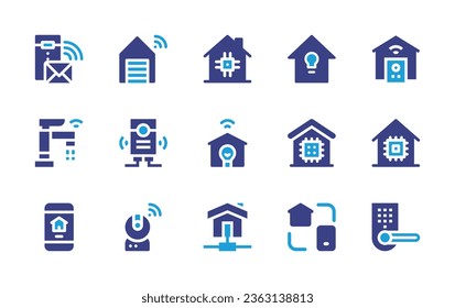 Smart house icon set. Duotone color. Vector illustration. Containing smart home, smart house, buildings, garage, faucet, water heater, home automation, smart lock, application, webcam. 