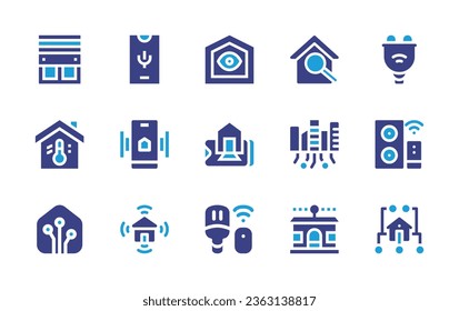 Smart house icon set. Duotone color. Vector illustration. Containing smart home, city, plug, speaker, window, voice assistant, thermostat, smartphone, smart house, smart light.