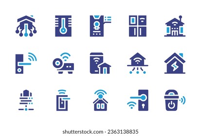 Smart house icon set. Duotone color. Vector illustration. Containing smart house, domotics, temperature control, lights, refrigerator, smart home, farm, smart lock, trash, door lock.