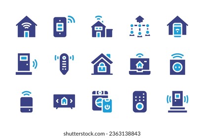 Conjunto de iconos de la casa inteligente. Color de duotona. Ilustración vectorial. Con casa inteligente, conmutador, hogar inteligente, puerta, mando a distancia, asistente de voz, tv, seguridad, laptop, lavadora, mando a distancia.