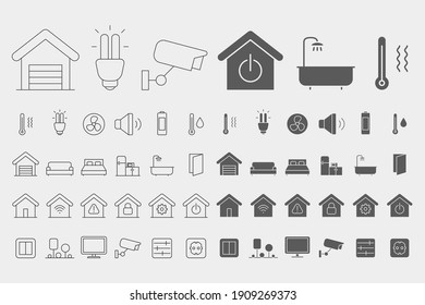 Smart House Icons set - Vector outline symbols and silhouettes of home security management technologies for the site or interface