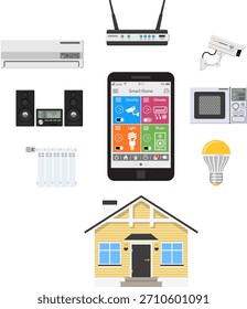 Smart House und Internet der Dinge Konzept. Smartphone steuert Smart Home wie Sicherheitskamera, leichte Klimaanlage Heizkörper und Musik-Center flache Symbole. Vektorgrafik