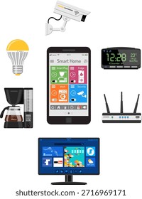 Casa inteligente e internet das coisas Casa inteligente e internet das coisas conceito com ícones planos. Homem segurando smartphone na mão e controla dispositivos domésticos inteligentes como câmera de segurança, TV, lâmpada.