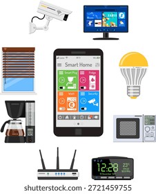 Casa inteligente e internet das coisas Casa inteligente e internet das coisas conceito com ícones planos. Homem segurando smartphone na mão e controla câmera de segurança, cafeteira, TV, micro-ondas e lâmpada.