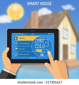 Smart House And Internet Of Things Concept Man Holding Tablet PC Similar To Ipad Horizontal In Hand And Smart Home Controls. Vector Illustration