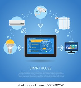Smart House and internet of things concept. tablet PC controls smart home like security air conditioner and smart tv flat icons. vector illustration