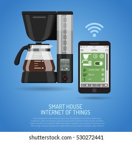 Smart House and internet of things concept. smartphone controls smart home like smart plug and coffee maker flat icons. vector illustration