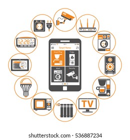 Smart House and internet of things concept. smartphone controls smart home like microwave, loudspeaker, tv and security camera flat two color icons. isolated vector illustration