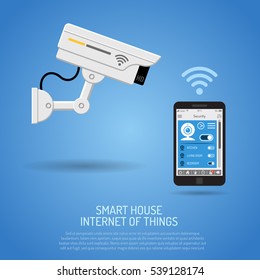 Smart House and internet of things concept. smartphone controls smart home like security camera flat icons. vector illustration