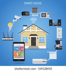 Smart House and internet of things concept. smartphone controls smart home like security cam, lighting, air conditioning, radiator and music center flat icons. vector illustration