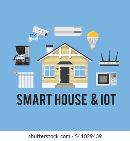 Smart House and internet of things concept with flat Icons Set such as security camera, coffee maker and router. Isolated vector illustration