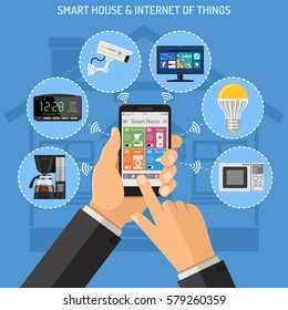 Smart House and internet of things concept with flat icons. Man holding smartphone in hand and controls security camera, coffee maker, TV, microwave and lightbulb. Isolated vector illustration.