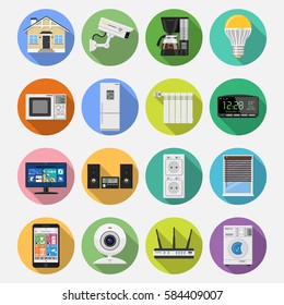 Smart House and internet of things Flat Icons Set with smartphone, tablet, security camera, router light bulb and smart tv on colored circles with Long Shadows. Isolated vector illustration