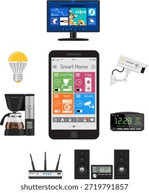 Casa inteligente e internet das coisas Casa inteligente e internet das coisas conceito com ícones planos. Homem segurando smartphone na mão e controla dispositivos domésticos inteligentes como câmera de segurança, TV, lâmpada.