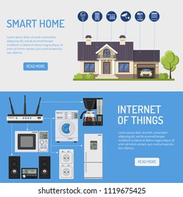 Smart House And Internet Of Things Horizontal Banners. Controls Smart Home Like Security Camera, Fridge, Coffee Maker, Microwave, Router. Flat Style Icons. Isolated Vector Illustration