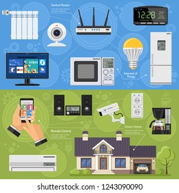Smart House and internet of things horizontal banners. Smartphone and Router controls smart home like security camera, fridge, coffee maker, microwave. flat style icons. isolated vector illustration
