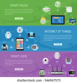 Smart House and internet of things Horizontal Banners with flat icons smartphone, router and tablet controls smart plug, security camera coffee maker microwave and music center. vector illustration