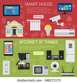 Smart House and internet of things horizontal banners. smartphone and tablet controls smart home like smart plug, fridge coffee maker router microwave and smart tv flat icons. Vector illustration