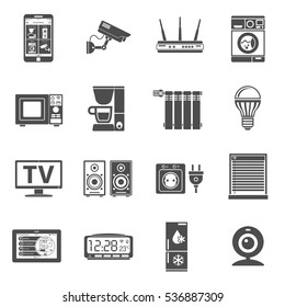 Smart House and internet of things Icons Set with smartphone, tablet, security camera, router light bulb and smart tv Isolated vector illustration