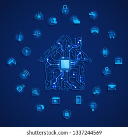 Smart house or IOT concept. Smart home icons set. Remote monitoring and control smart house. House circuit and smart home function icons. Vector illustration on blue background