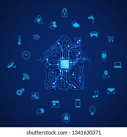 Smart house or IOT concept. Remote control smart house. House circuit and smart home appliance icons. Vector illustration on blue background