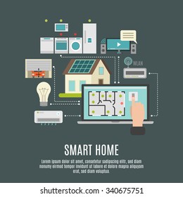 Smart house iot remote computer control flexibility reliability and protection systems flat background poster abstract  vector illustration