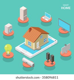Smart house isometric flat vector concept. A house is located on a smart phone surrounded by icon of smart devices.