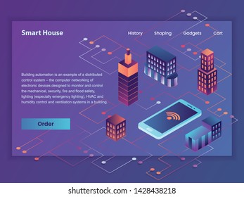 Smart house isometric vector hero image illustration with several intelligent building under the hosts smartphone control. Smart home website first screen. Intelligent houses connected to mobile app.