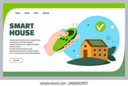 Smart house landing page. Electric solar panels. Remote control technology. Green eco electricity generation. Modern home. Wireless device. Renewable energy. Website design template. Vector background