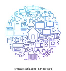 Smart House Line Icon Circle Design. Vector Illustration of Home Technology Objects.