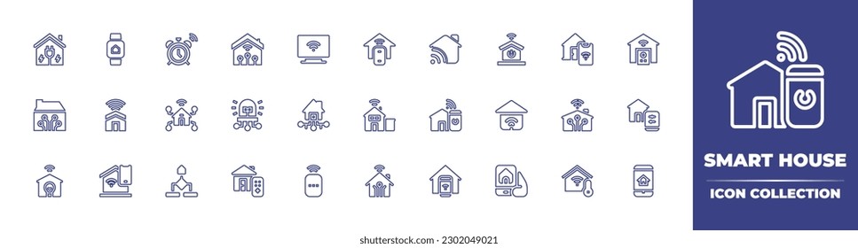 Colección de iconos de línea de la casa inteligente. Trazo editable. Ilustración vectorial. Con electricidad, reloj inteligente, alarma, hogar inteligente, televisión inteligente, automatización de la casa, casa inteligente.