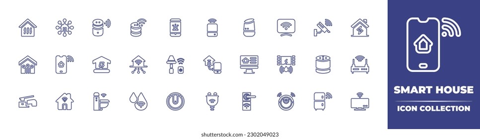 Smart house line icon collection. Editable stroke. Vector illustration. Containing home, home, speaker, alert, voice assistant, smart tv, security camera, smartphone, house.