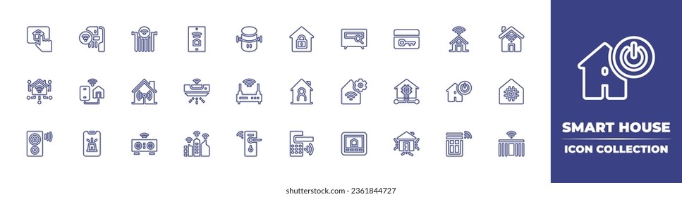 Smart house line icon collection. Editable stroke. Vector illustration. Containing home, home automation, smart city, loud speaker, alarm, voice assistant, router, smart door, house, smart tv, key.