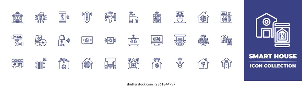 Intelligente Hauslinien-Icon-Sammlung. Bearbeitbarer Strich. Vektorgrafik. Mit Smart Home, Home Automation, Schlüssel, Schloss, Haus, Fernbedienung, Smartphone, TV, TV, TV.