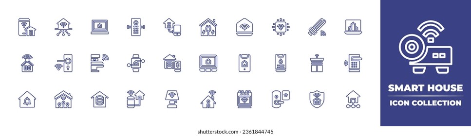 Smart house line icon collection. Editable stroke. Vector illustration. Containing smart home, farm, lock, home, connection, garage, electricity, lamp, light, city, smart blind