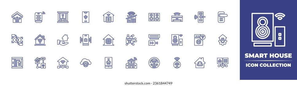 Smart house line icon collection. Editable stroke. Vector illustration. Containing smart home, speaker, eye scan, shower, house, lock, door, washing machine.