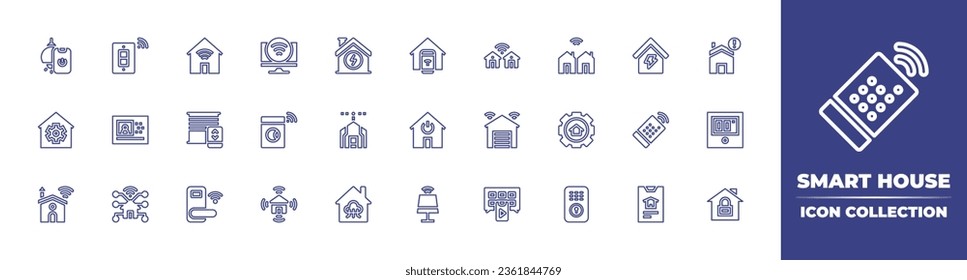 Intelligente Hauslinien-Icon-Sammlung. Bearbeitbarer Strich. Vektorgrafik. Eingebettet Haus, Jalousien, Schloss, intelligenter Fernseher, Beleuchtung, Schalter, Waschmaschine, Einstellungen, Video, Smart Home.