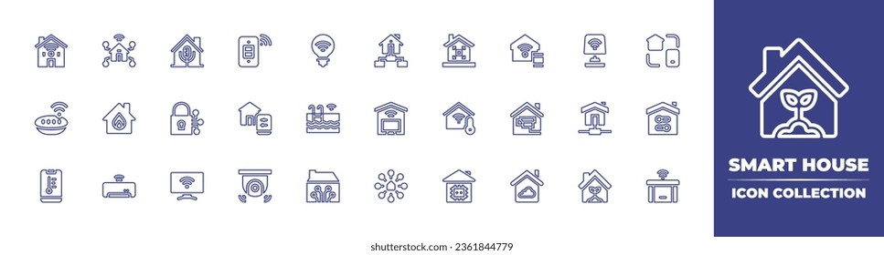 Smart house line icon collection. Editable stroke. Vector illustration. Containing smart tv, switch,house, smart home, speaker, temperature, cctv camera, air conditioner, bulb.