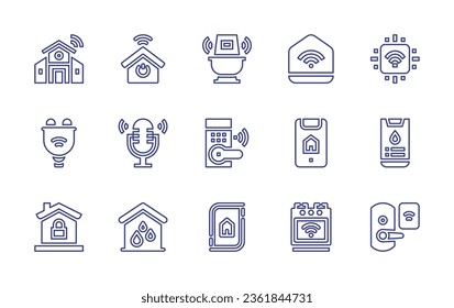 Smart house line icon set. Editable stroke. Vector illustration. Containing smart house, domotics, toilet, network, cpu, smart plug, home security, microphone, door lock, water system, screen.