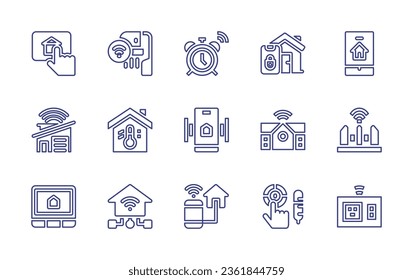 Smart house line icon set. Editable stroke. Vector illustration. Containing alarm, smart house, smart home, smarthome, thermostat, smartphone, fence, shower, home, phone, temperature control.