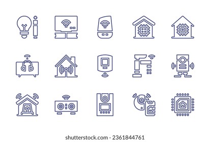 Smart house line icon set. Editable stroke. Vector illustration. Containing smart speaker, smart home, light, tv, vacuum cleaner, chip, emergency, wifi, motion sensor, speaker, intercom.