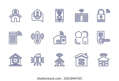 Smart house line icon set. Editable stroke. Vector illustration. Containing smart home, smart curtain, lock, home, house, home automation, window, temperature, smartphone, smarthome.